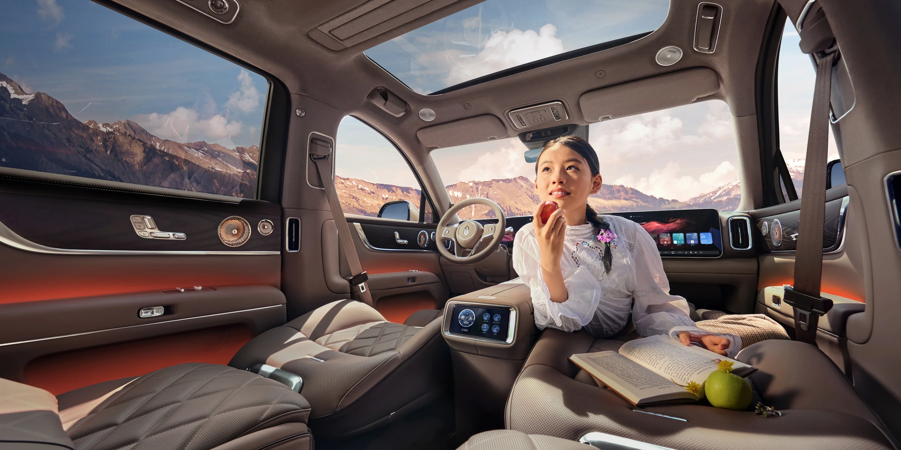 Active heat protection uses a triple-silver-coated windscreen and real-time sunlight modelling to coordinate dimmable glass and air conditioning.